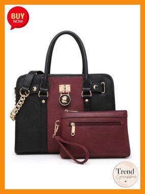 Vegan PU Leather Satchel Handbag Set with Wristlet, Top Handle Tote Shoulder Bag